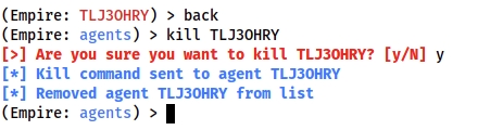 Demonstrating how to exit and kill an agent using the back and kill commands